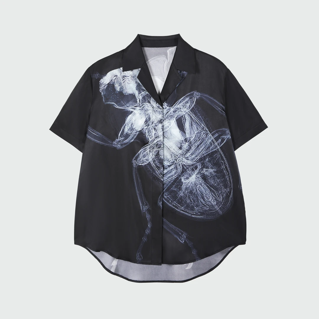 翻领印花短袖衬衫女复古印花短袖上衣421231C