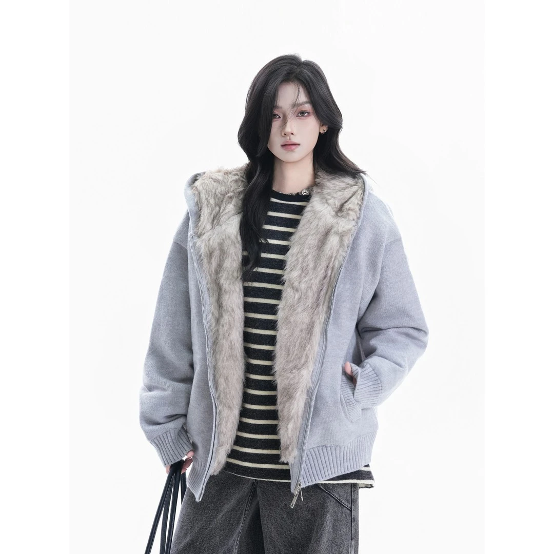 美式时尚新款毛衣针织连帽男女冬季加绒加厚宽松bf慵懒开衫外套