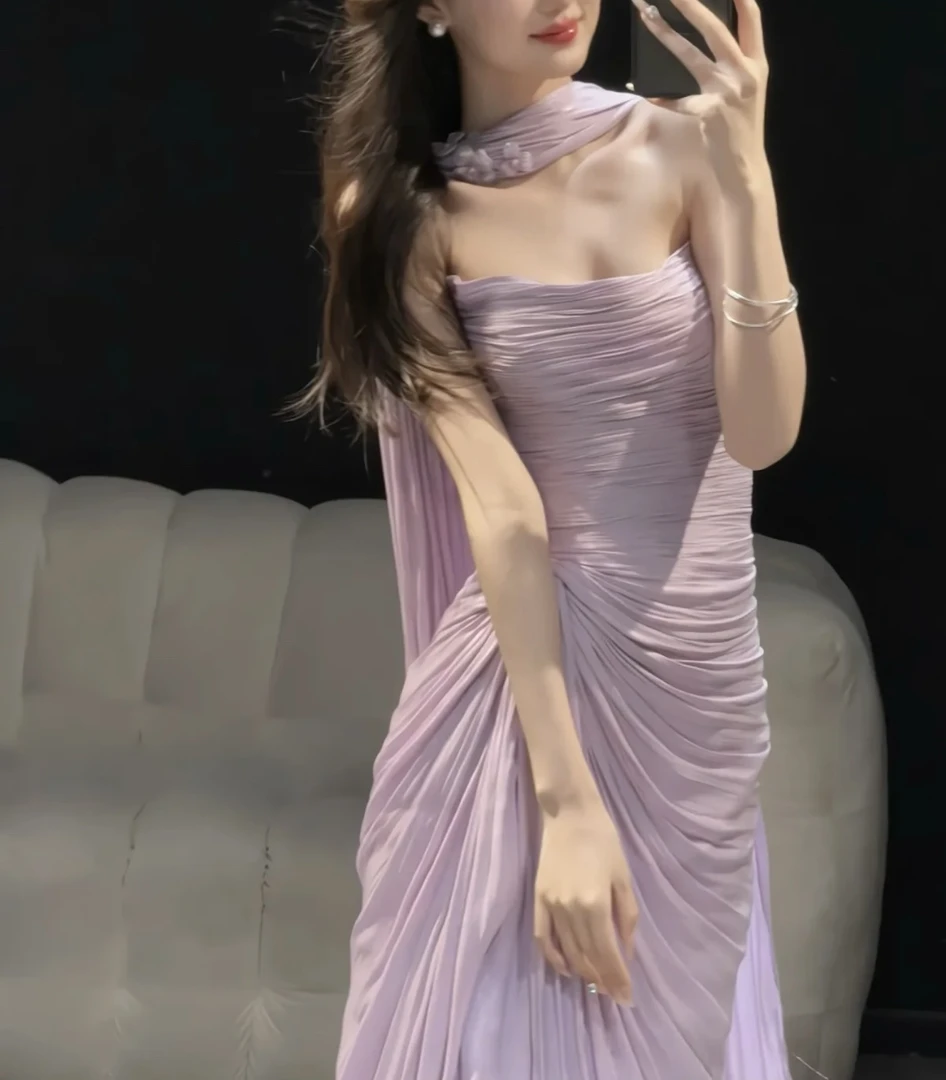 【唐芙缇】纯欲紫色礼服温柔小众长款仙女夏季气质设计感皱纱鱼尾