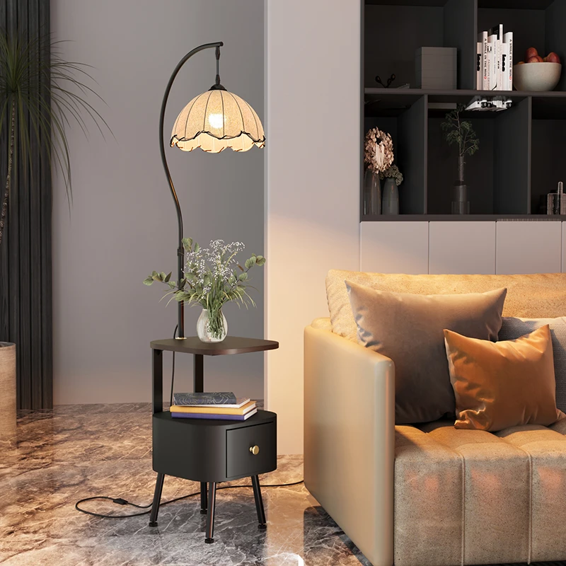 中古风卧室床头柜台灯落地灯客厅沙发旁边高级感置物架一体氛围灯