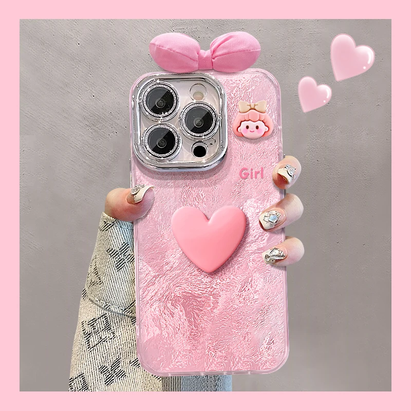 女孩爱心适用苹果15华为vivo/oppo小米iPhone16精孔冰川纹手机壳