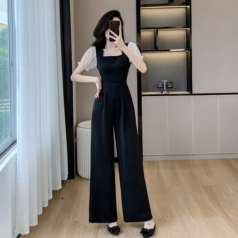 2025新款女装气质名媛阔腿连身裤套装法式高级感黑色连体裤8752