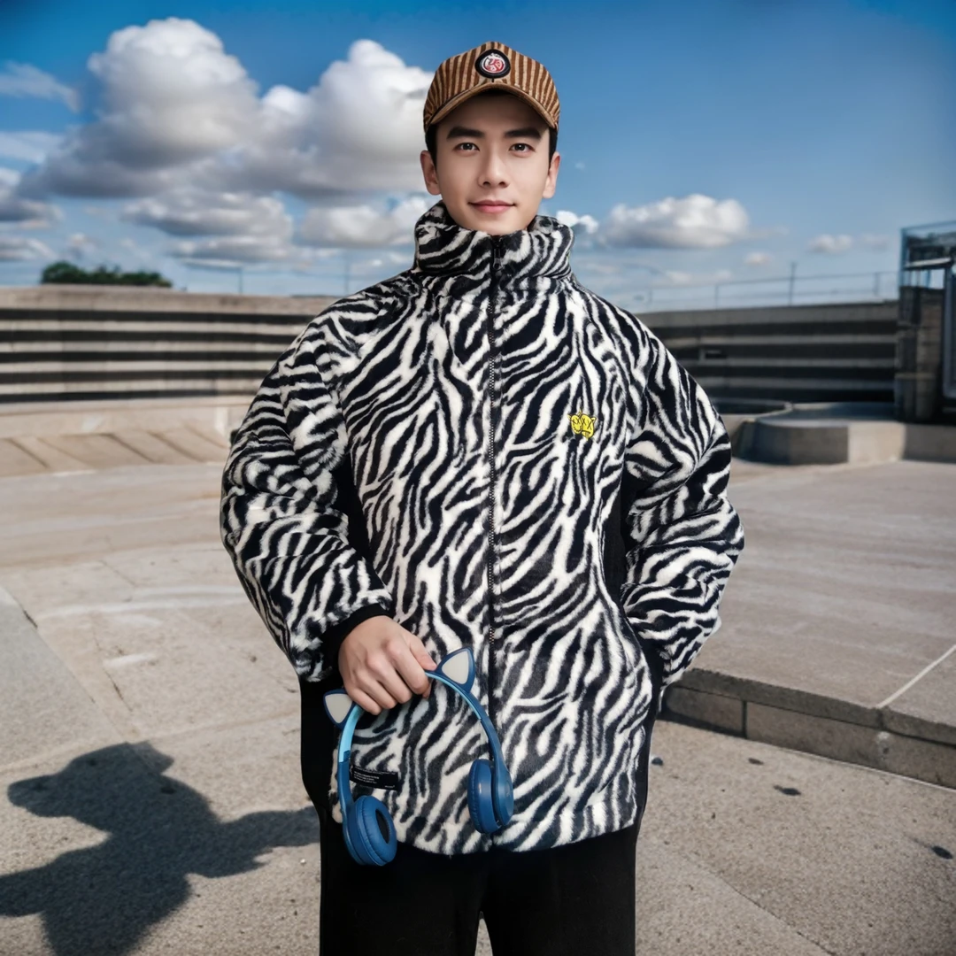 潮牌豹纹仿羊羔绒棉服宽松撞色时尚棉衣外套