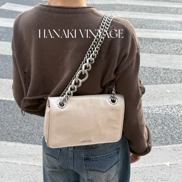 95新 MIU MIU/缪缪 花绮中古/缪缪奶茶链条腋下单肩包