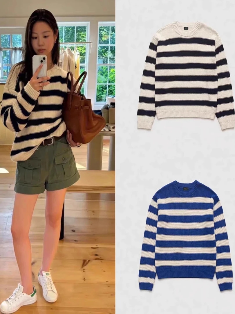 八奶条纹毛衣 复古休闲风~韩国设计师海军学院显瘦圆领甜美针织衫
