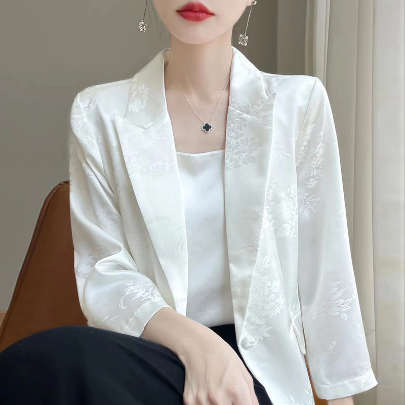 2025春薄款西装外套女醋酸缎面洋气提花高级感夏季七分袖西服上衣