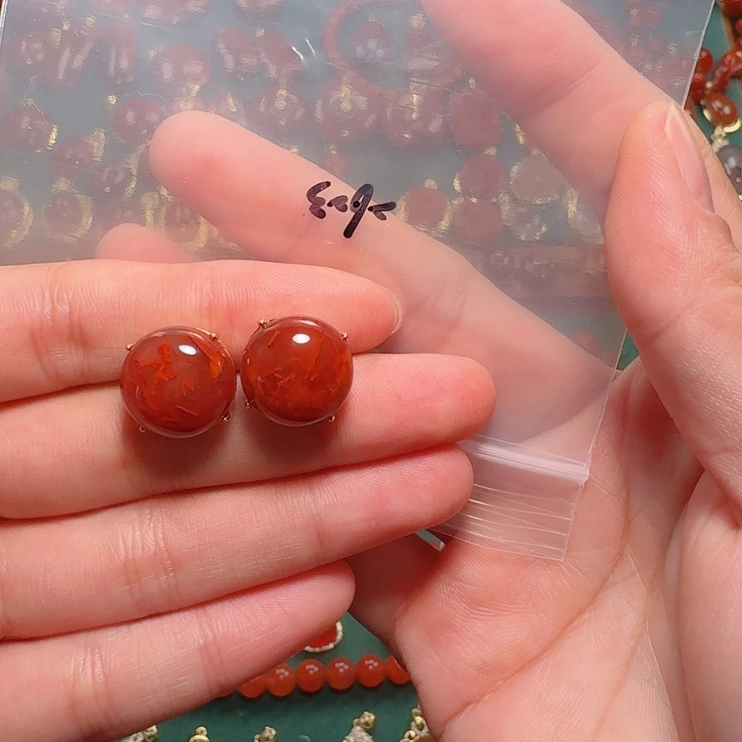 南红玛瑙银S925镶嵌耳饰