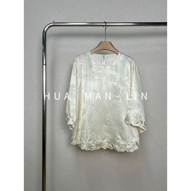 【花滿林】圆领袖口下摆重工刺绣35MM提花缎真丝桑蚕丝上衣259038