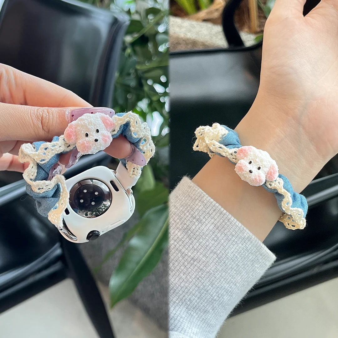 适用苹果手表iwatch表带s11女series10秋冬S9蕾丝小狗发圈XL腕带