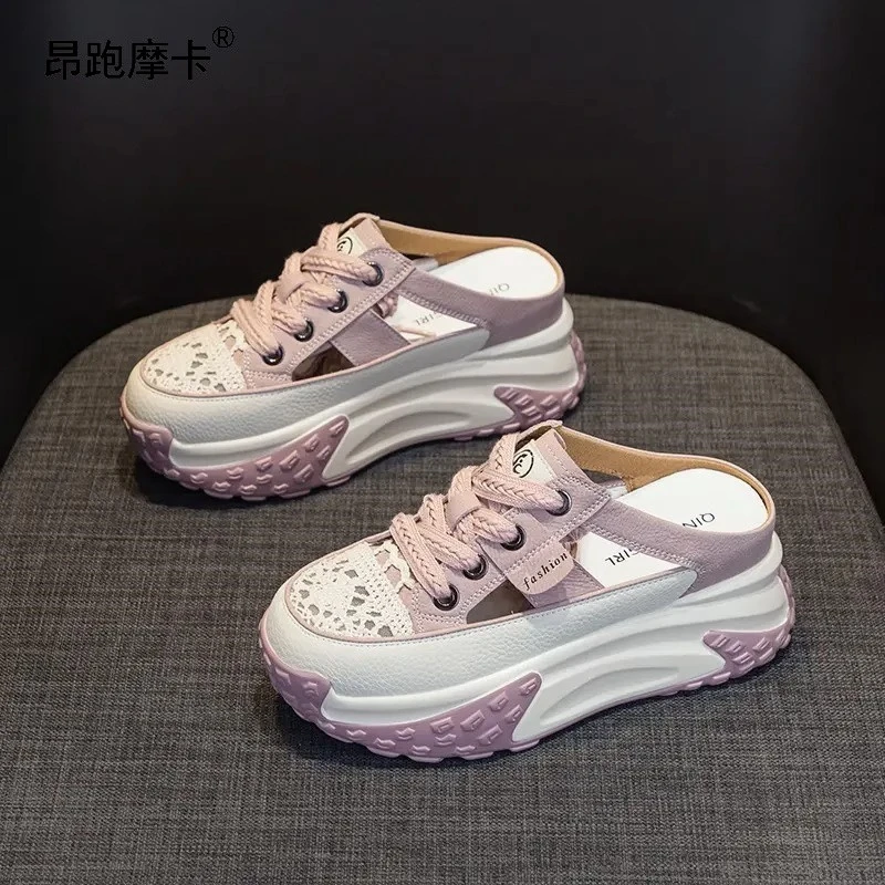 昂跑摩卡包头内增高半拖鞋女外穿2025夏季新款舒适透气厚底洞洞鞋