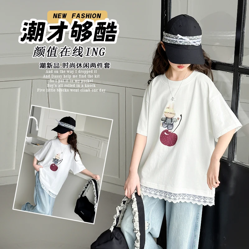 女童短袖t恤夏季2025新款洋气时髦女孩半袖女大童春夏蕾丝边上衣