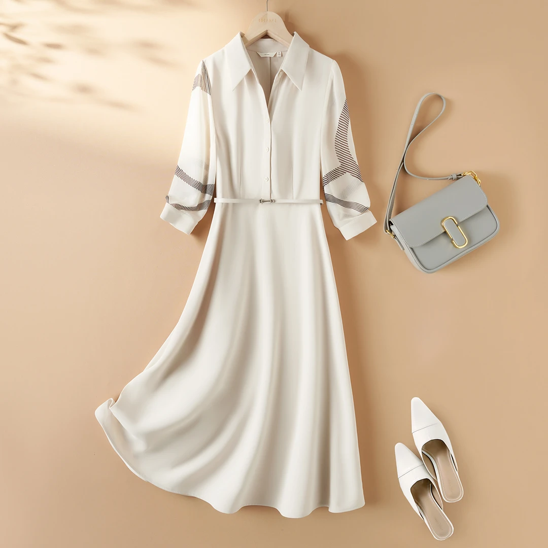 IHIMI海谧2025秋简约通勤气质感拼色设计衬衫领中长款连衣裙9333