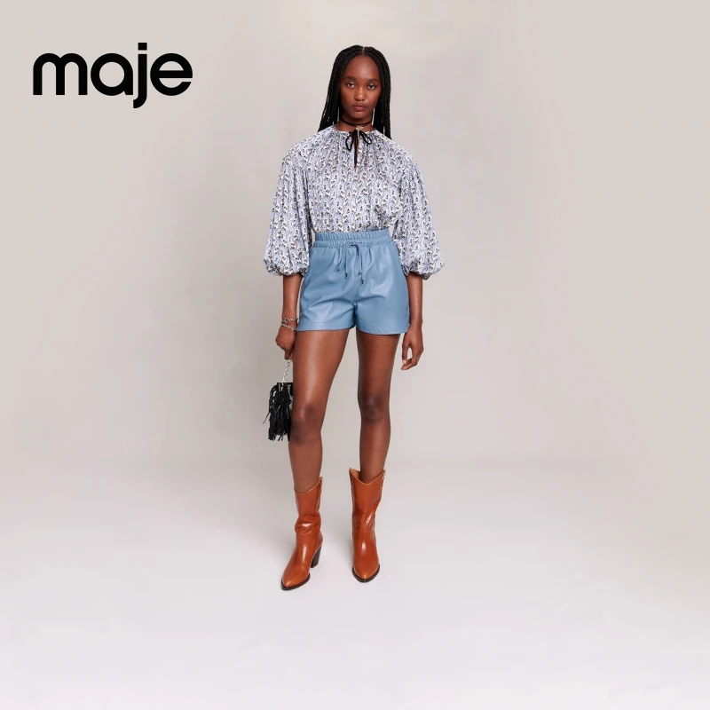 Maje早秋新款经典款新休闲高腰蓝色拼接短裤裤子MFPSH00498