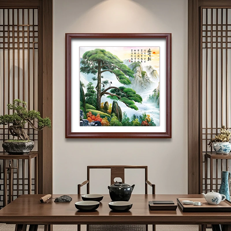 玄关装饰画迎客松挂画正对门客厅中堂背景墙山水饭店书房餐厅壁画