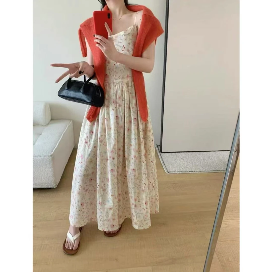 【NO退NO换】韩系复古气质碎花吊带连衣裙13588 肩带可调节 无口袋