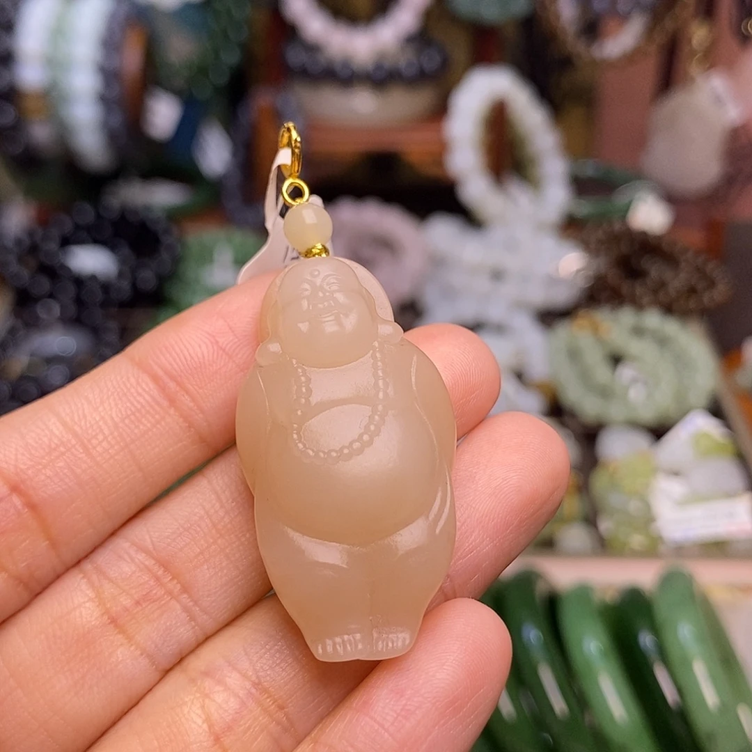 和田玉未镶嵌颈饰熟藕粉浓色脂膏级佛公18.K金