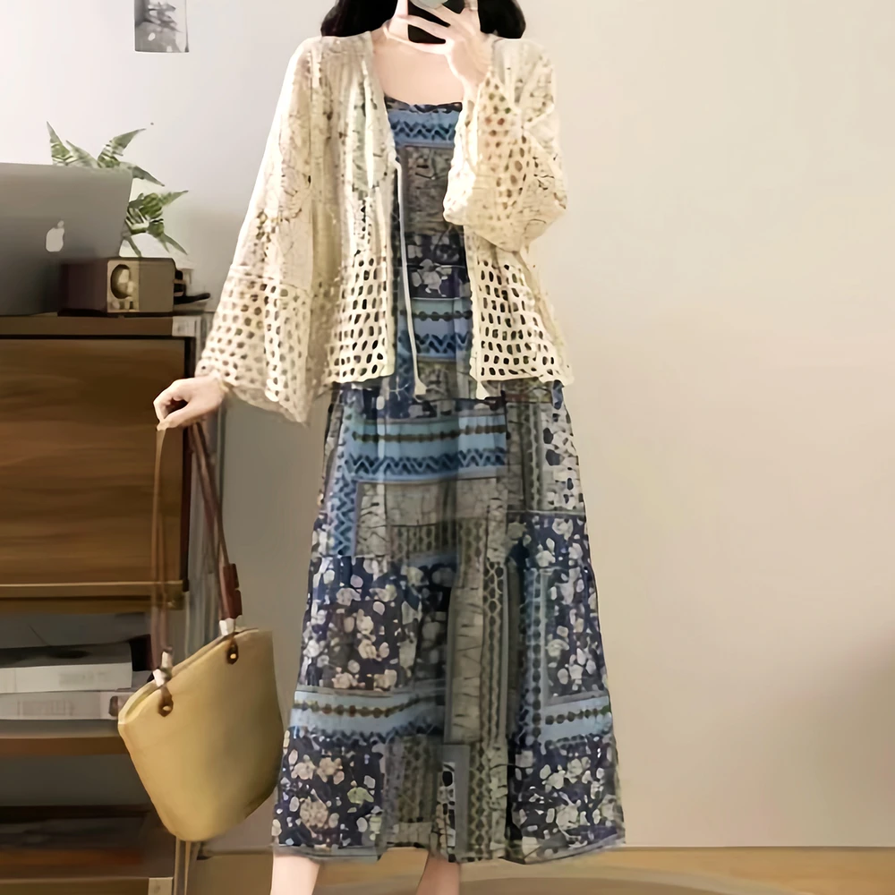 大码女装300斤胖MM时尚民族风镂空开衫吊带连衣裙套装10019