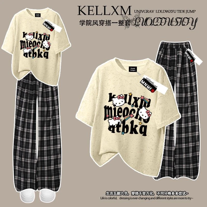 女童扎染短袖T恤格子裤套装卡通ins凯蒂猫印花中大童夏季装两件套