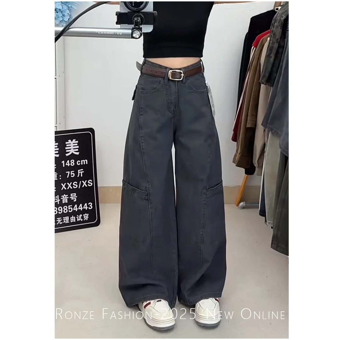 美式复古INS风灰色阔腿女宽松工装多口袋个性百搭拖地显瘦牛仔裤