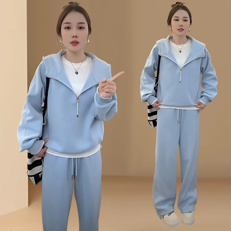 春秋慵懒风一整套穿搭女简约连帽长袖上衣高腰显瘦休闲裤两件套潮