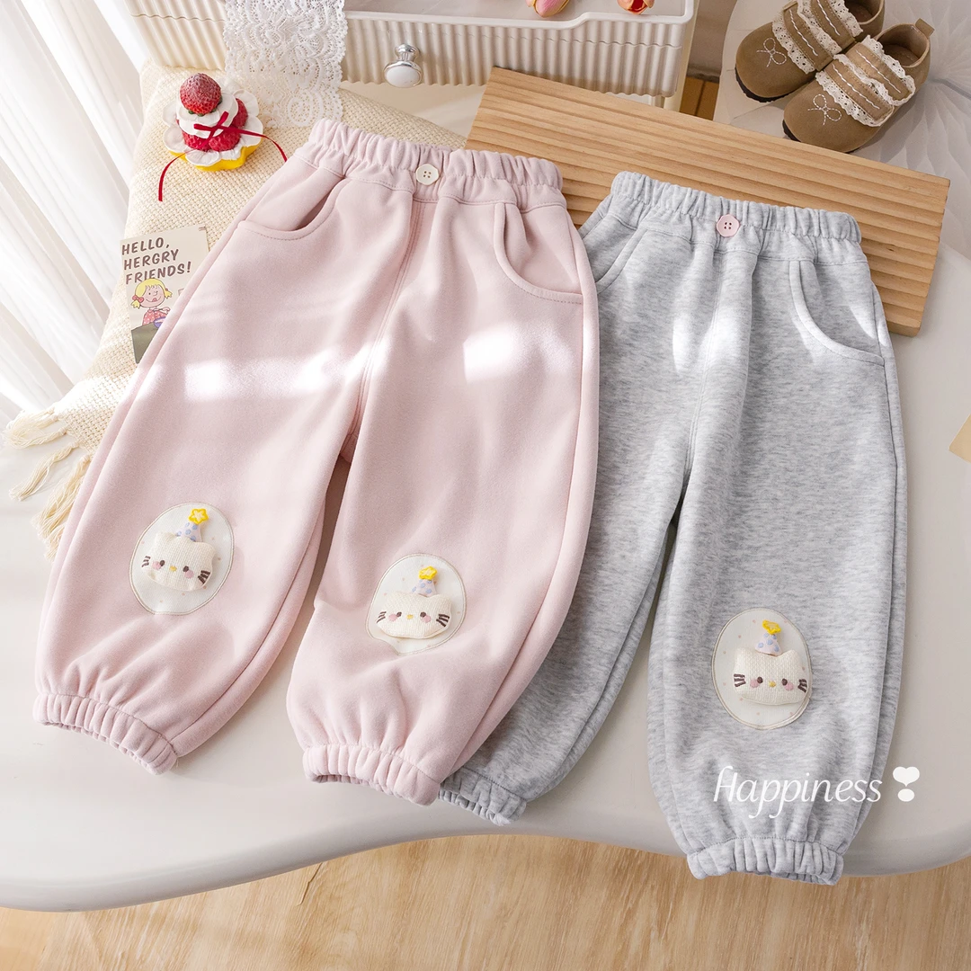 女童加绒休闲裤冬季新款宝宝冬装加厚裤子可爱卡通玩偶刺绣运动裤