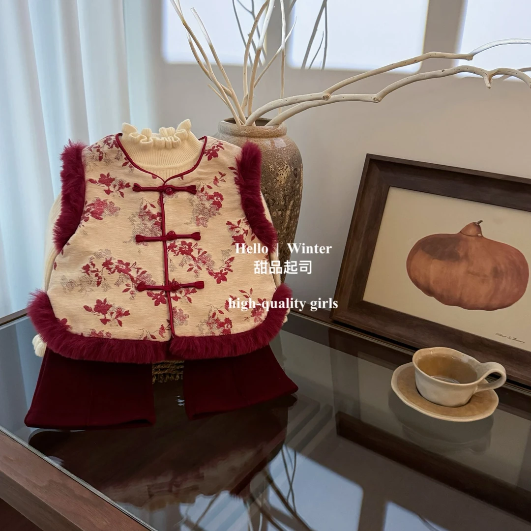 【甜品起司】年味小欢喜！女宝宝加绒马甲长裤拜年服唐装旗袍套装