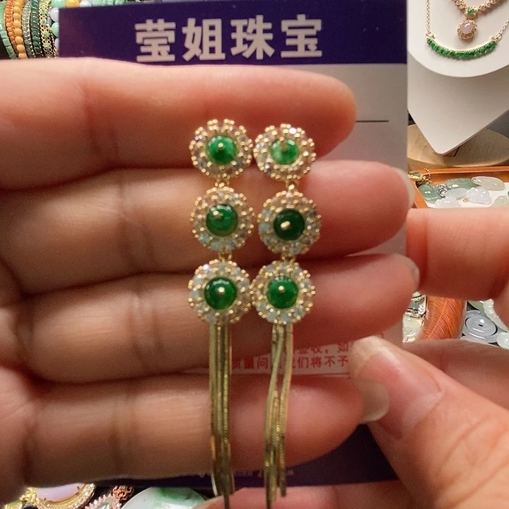 合金翡翠耳饰绿珠流苏耳钉