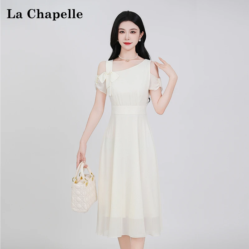 【拉夏贝尔】夏季法式设计感显瘦松紧腰斜肩裙子女士气质短袖连衣裙