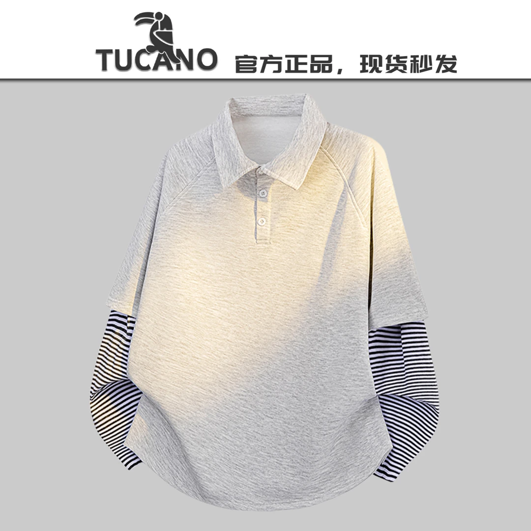 啄木鸟【官方】男士春季美式条纹拼接假两件卫衣潮流翻领长袖polo衫
