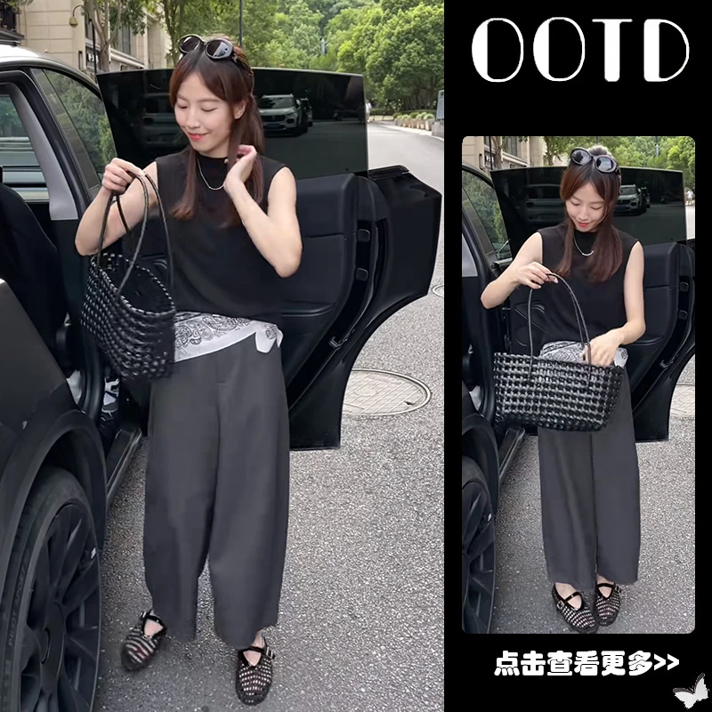 夏季流行穿搭一整套女2025新款韩版无袖T恤百搭丝巾阔腿裤三件套