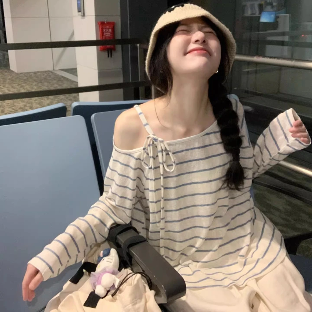 蓝白条纹斜肩绑带长袖t恤宽松韩版慵懒风防晒罩衫女夏空调衫上衣