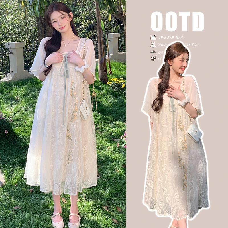 孕妇装连衣裙夏季2025新款时髦洋气减龄新中式改良收腰显瘦中长裙