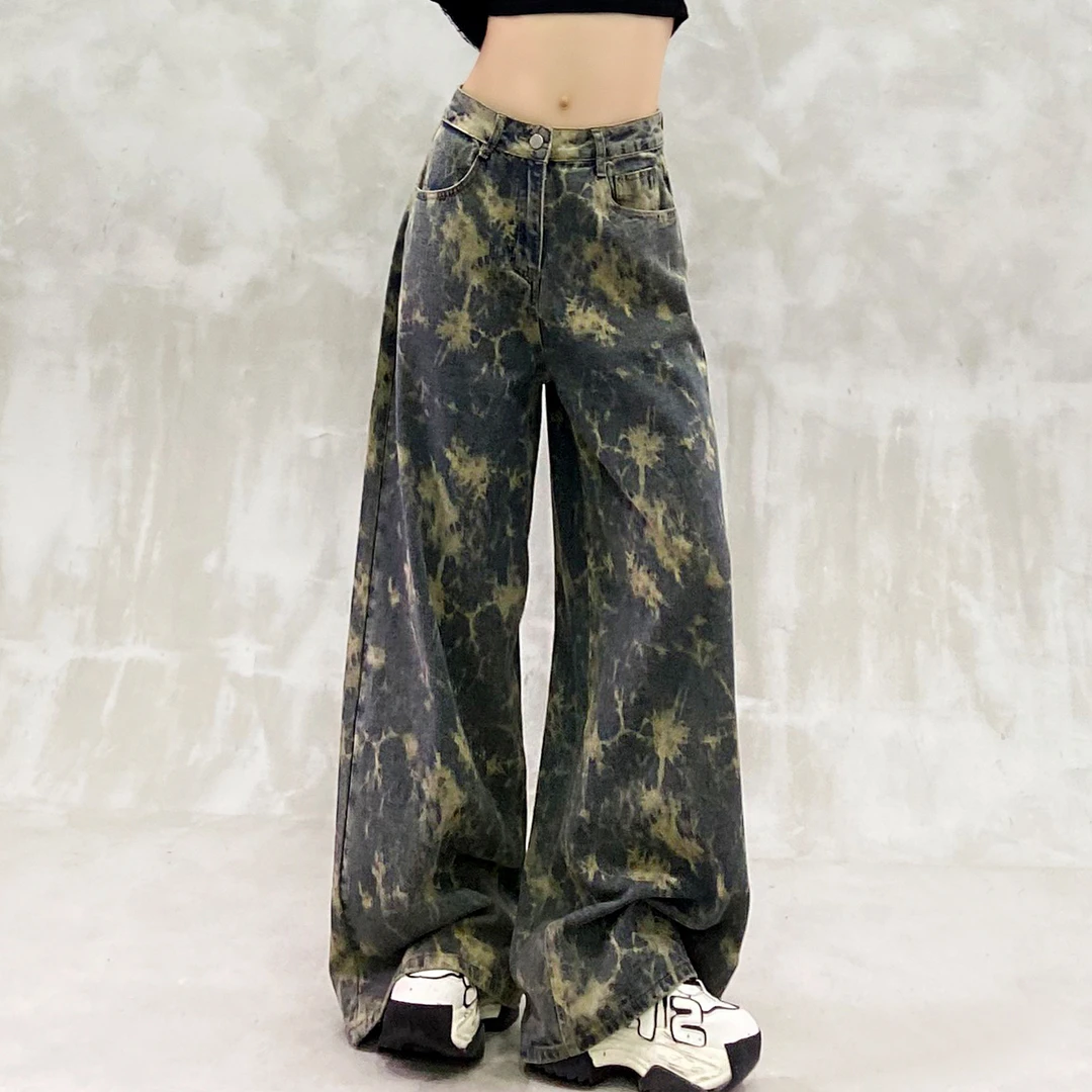 扎染色水洗做旧休闲牛仔裤女秋新款高腰宽松显瘦百搭直筒阔腿裤潮