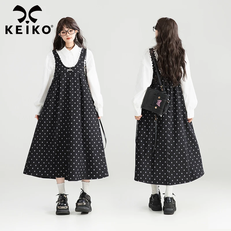 KEIKO 法式复古波点背带连衣裙25春夏叠搭文艺感黑色大摆背心裙