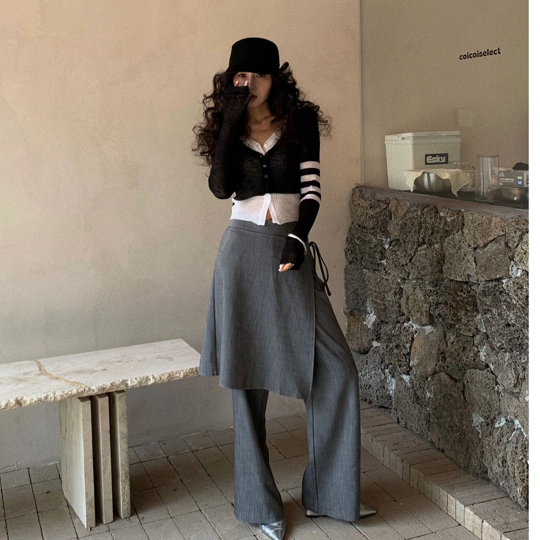 2025秋冬新款撞色拼接假两件针织开衫女设计感温柔系V领气质上衣