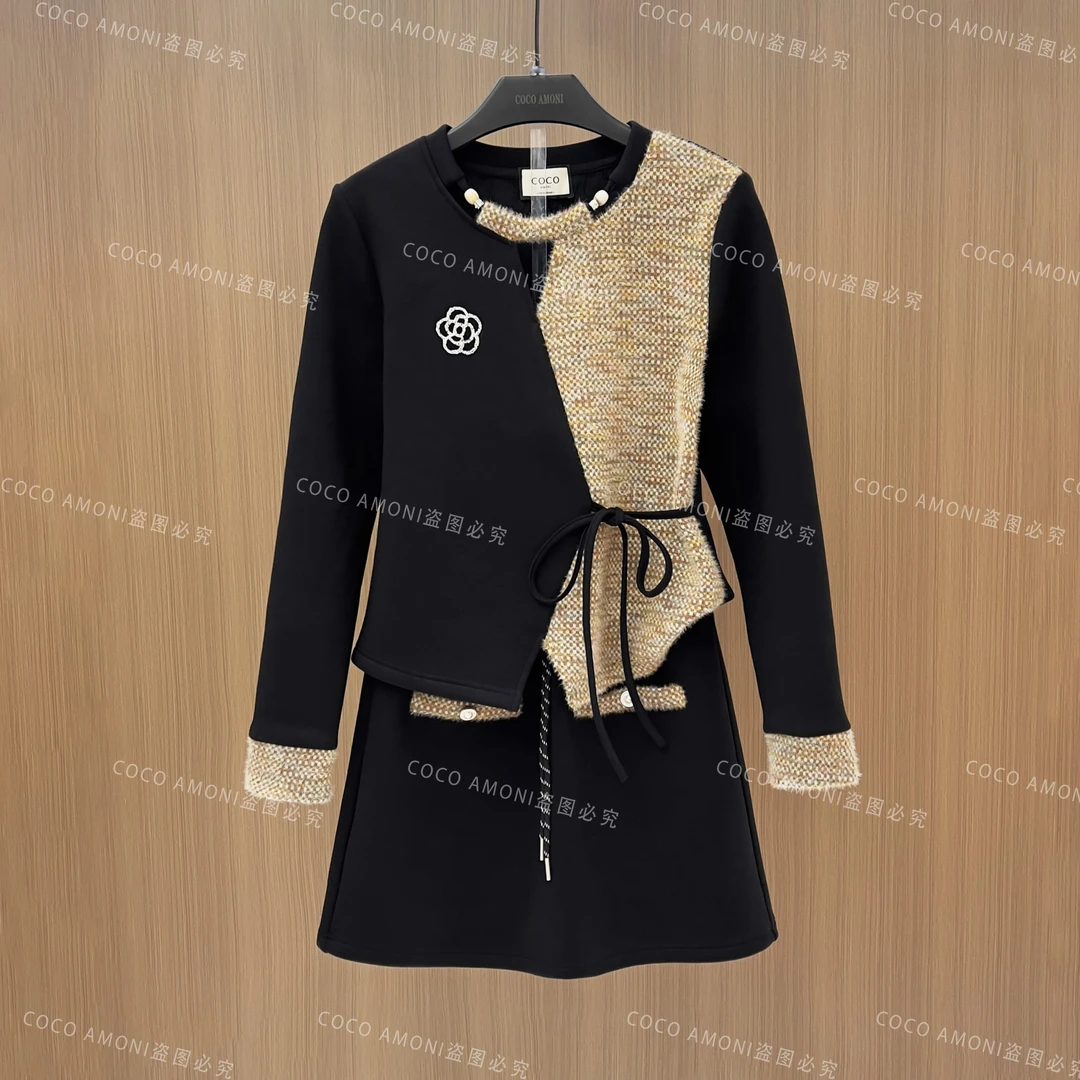 秋冬季高级感新款重工烫钻山茶花设计减龄显瘦百搭套装ZC967