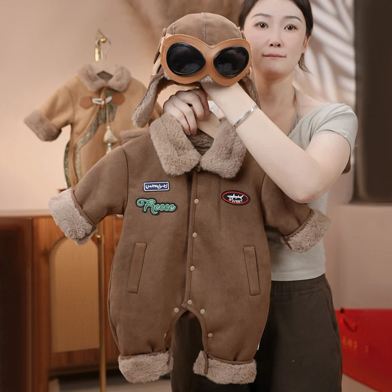 婴儿衣服秋冬装宝宝加绒连体衣秋冬季外套皮毛一体绒保暖带帽哈衣