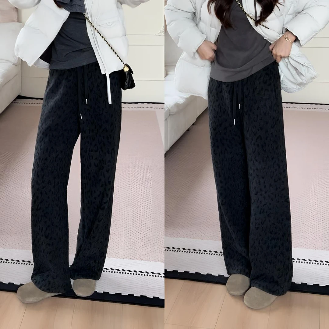 【余欢欢】秋冬季百搭休闲保暖显瘦豹纹松紧腰休闲长裤-YHK50379