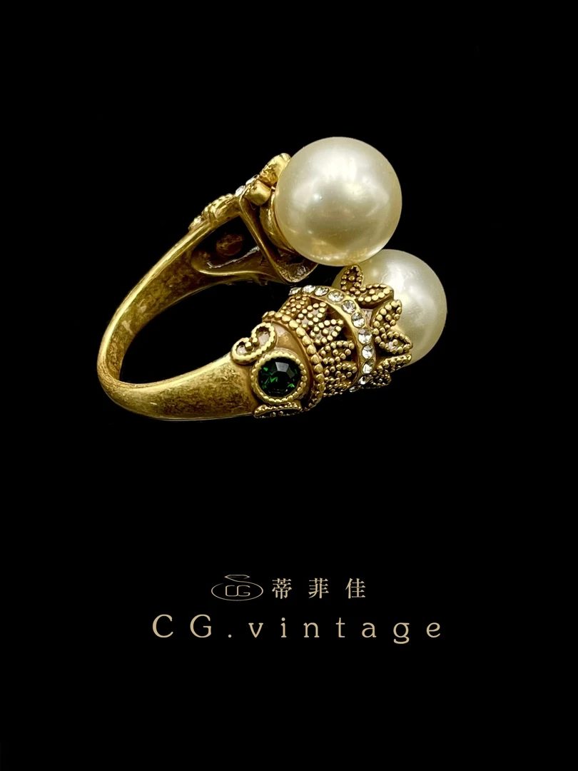 铜合金仿珍珠戒指 【劳伦斯】手工复古古风金色黄色vintage中古