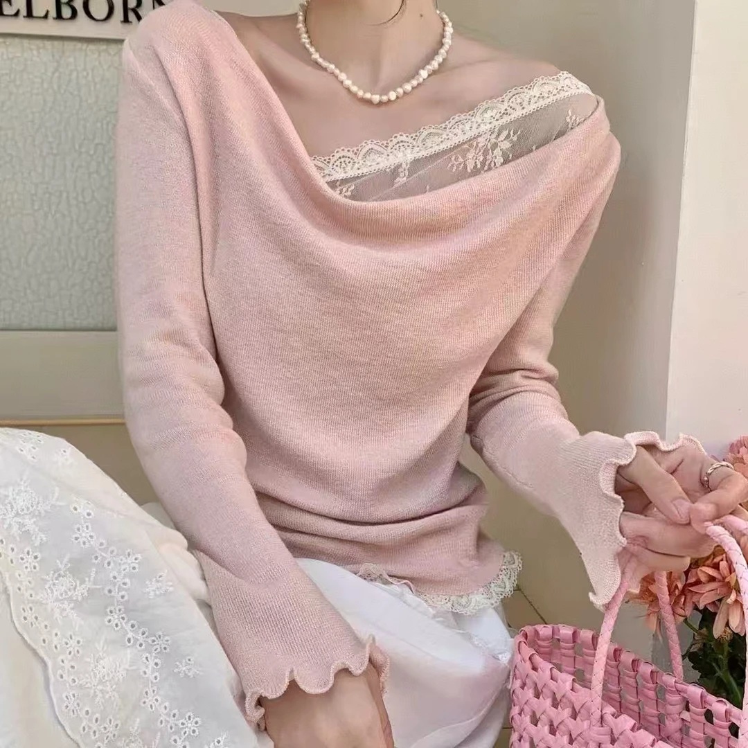 Datou 超好看一字肩蕾丝拼接假两件t恤女春