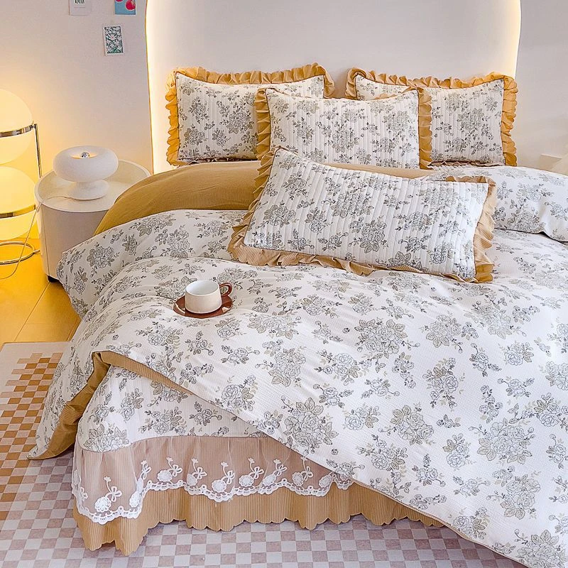 四季夹棉床盖四件套韩版公主风床罩三件套保护套床上用品加厚床单