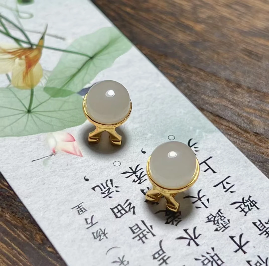 和田玉白玉耳扣，s925银镶嵌款