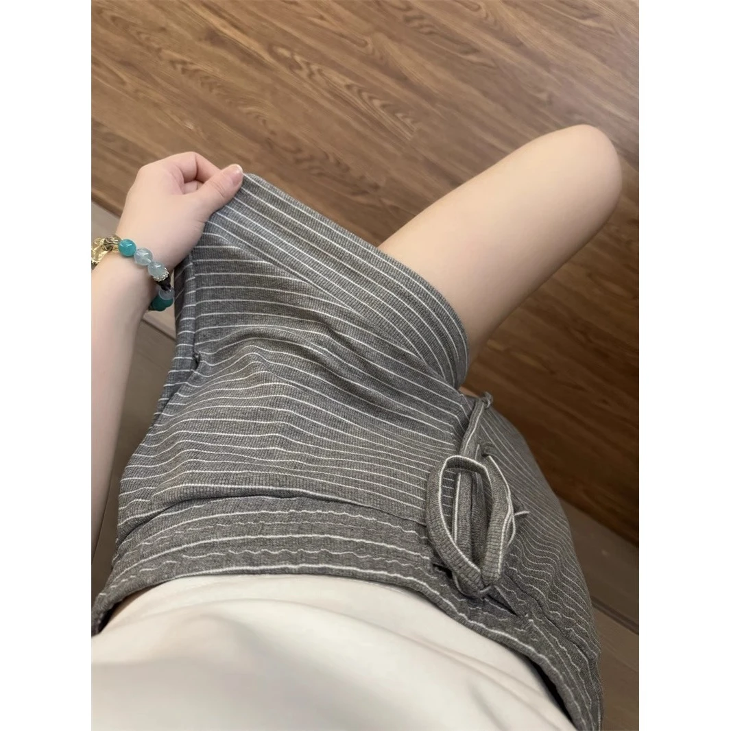 休闲简约条纹抽绳睡裤女夏2025新款大码宽松短裤家居遛弯裤可外穿