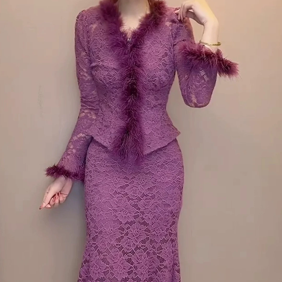 全码女装秋冬气质收腰V领蕾丝上衣高腰鱼尾半身裙套装显瘦性感女