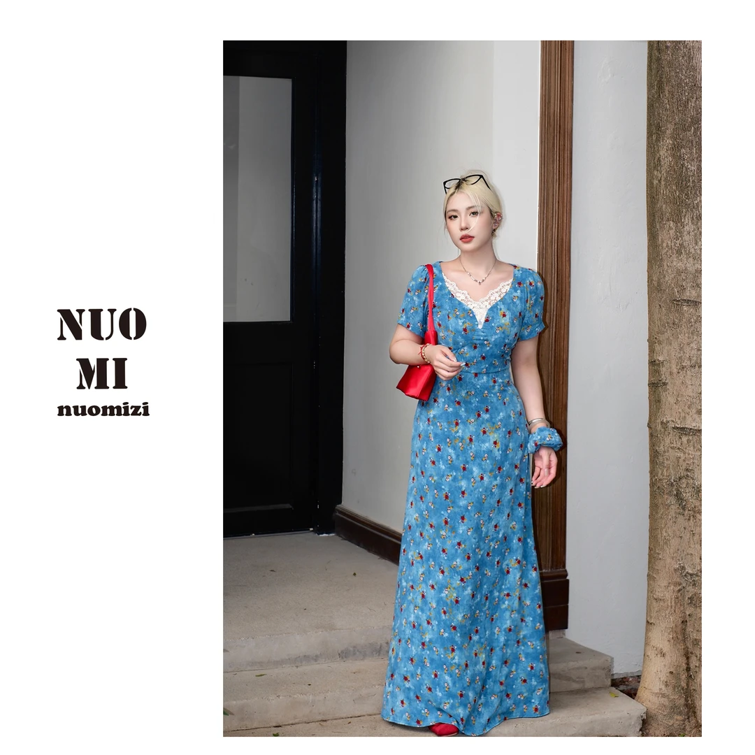 糯米子[蓝野花踪]碎花度假长裙显瘦气质收腰百搭夏季度假连衣裙女