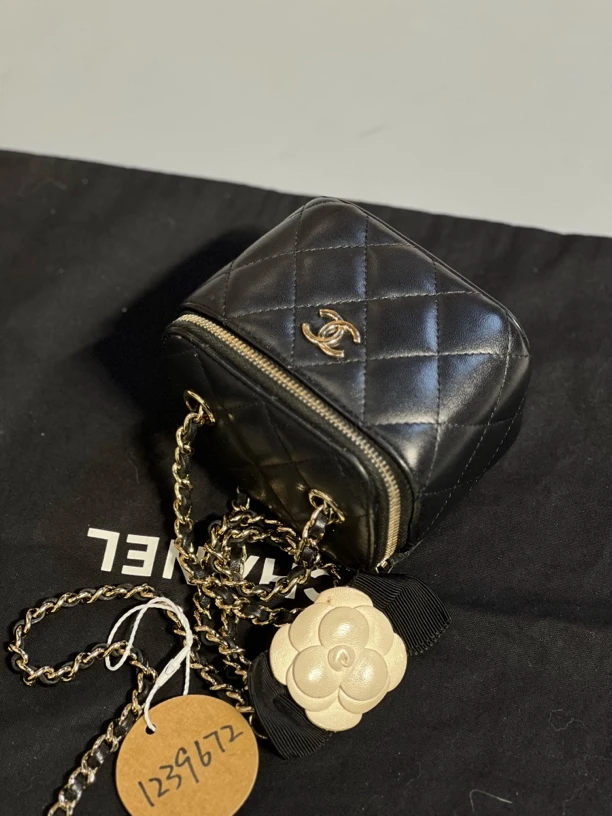 95新 Chanel/香奈儿 夏七中古/黑金山茶花盒子单肩包/1239672