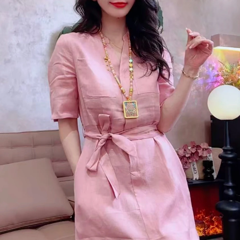 气质轻熟风立领系带麻长裙欧货夏季新款高级感短袖中长裙