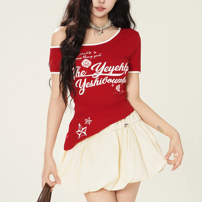 新款运动风斜肩字母印花修身辣妹短袖T恤露肩不规则纯欲