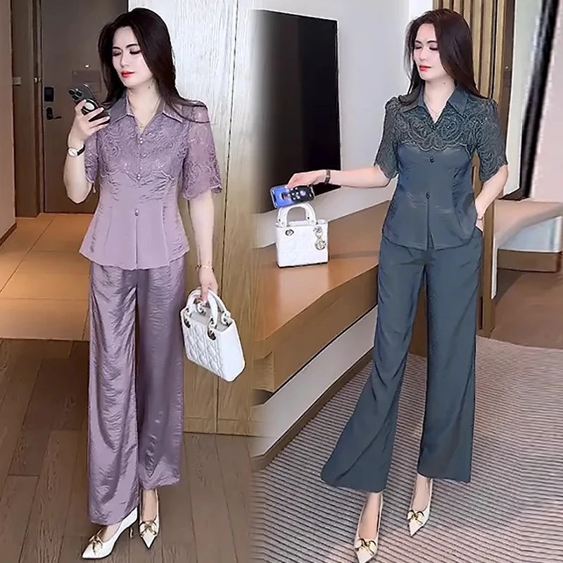 时尚套装女2025夏季新款设计感收腰休闲蕾丝拼接短袖阔腿裤两件套