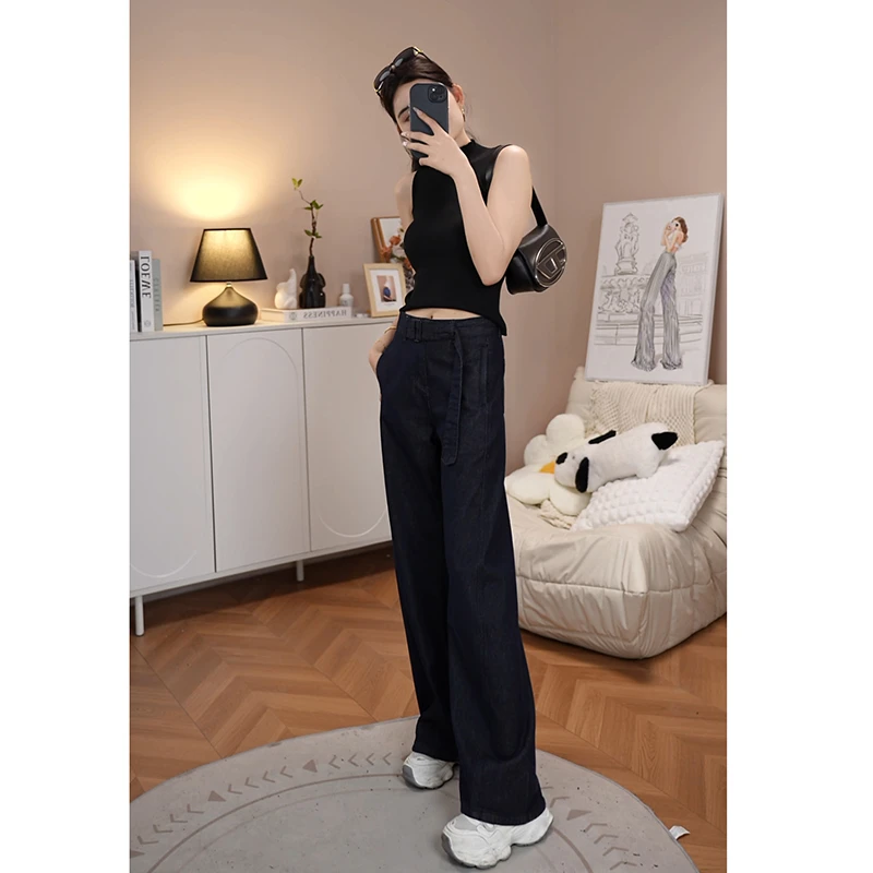 实拍EOL春季新款阔腿裤女弯刀阔腿牛仔裤丹宁色百搭休闲女裤1830